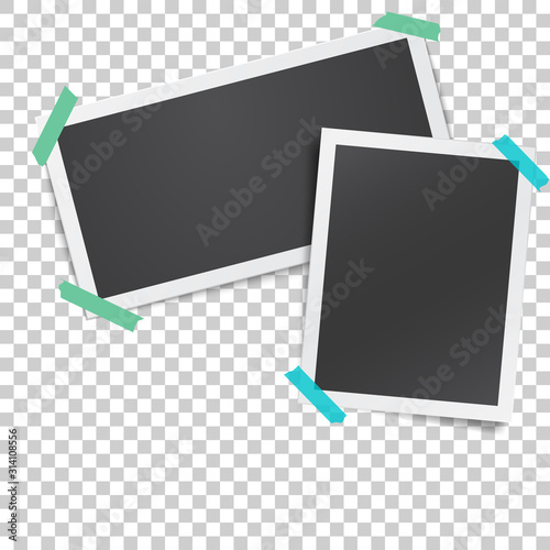 Realistic template with paper photo frames glued with adhesive tape