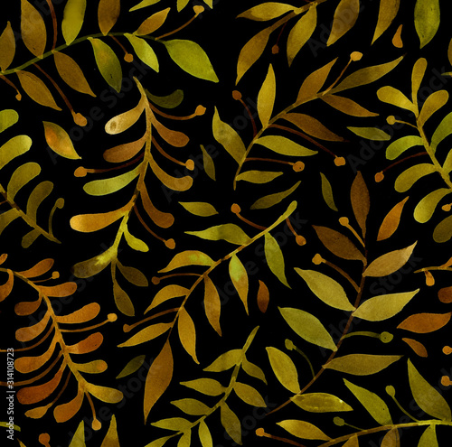 Watercolor seamless pattern with leaves and twigs, hand-drawn. Orange brown plants on a black background. Design for fabric, wallpaper, napkins, textiles, packaging, backgrounds. Delicate and stylish.