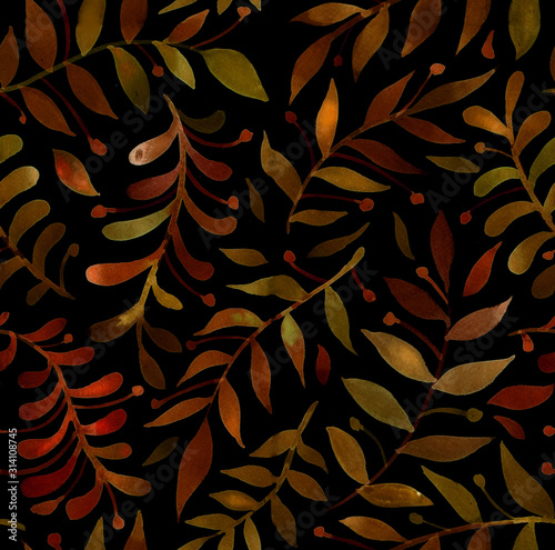 Watercolor seamless pattern with leaves and twigs, hand-drawn. Orange brown plants on a black background. Design for fabric, wallpaper, napkins, textiles, packaging, backgrounds. Delicate and stylish.