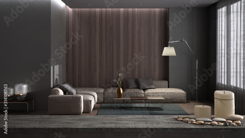 Photography Wooden vintage table top or shelf with candles and pebbles, zen mood, over minim