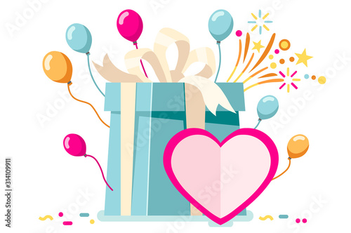 Symbolic loving present for a young woman with card for giving valentine's surprise to a man. Valentines surprise for website web page. Give a gift symbol love sign. Cartoon flat vector illustration