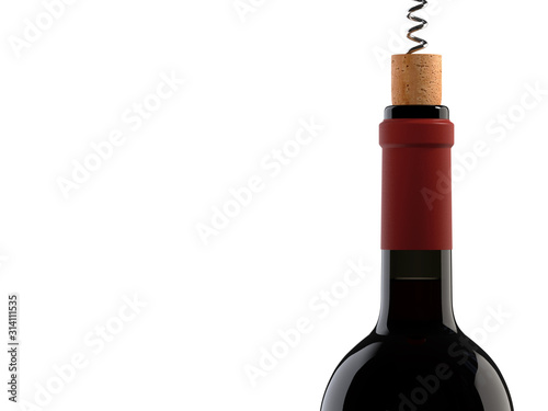 Uncorked wine bottle with corkscrew on white background, 3d rendering.