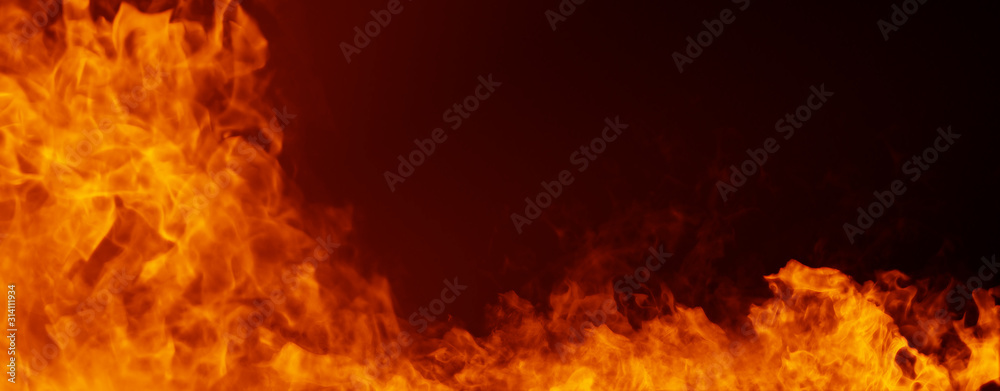 Panoramic view realistic isolated fire flame effect for decoration and covering on black background. Stock illustration.