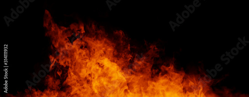 Panoramic view realistic isolated fire flame effect for decoration and covering on black background. Stock illustration. © Victor