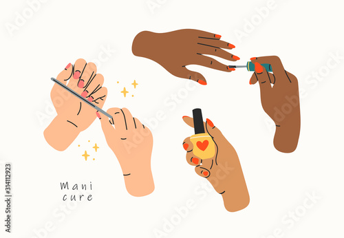 Female manicured hands. Lady painting, polishing nails. Nail brush, nail polish, nail file. Spa treatment beauty concept. Hand drawn colored trendy vector illustration. All elements are isolated