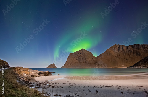 Aurora Borealis on sky in lofoten islands