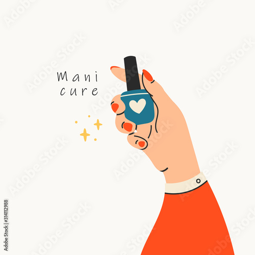Female manicured hand. Lady holding nail polish bottle. Spa treatment beauty concept. Hand drawn colored trendy vector illustration