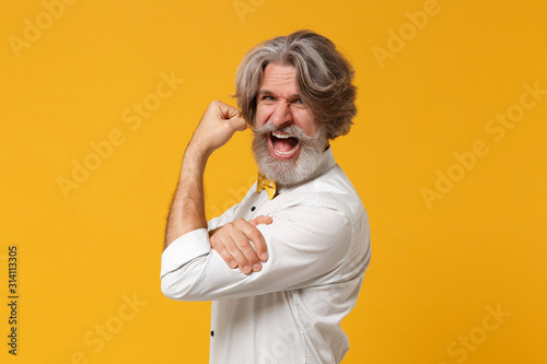 Side view of elderly gray-haired mustache bearded man in white shirt and bow tie posing isolated on yellow orange wall background. People lifestyle concept. Mock up copy space. Showing biceps muscles.