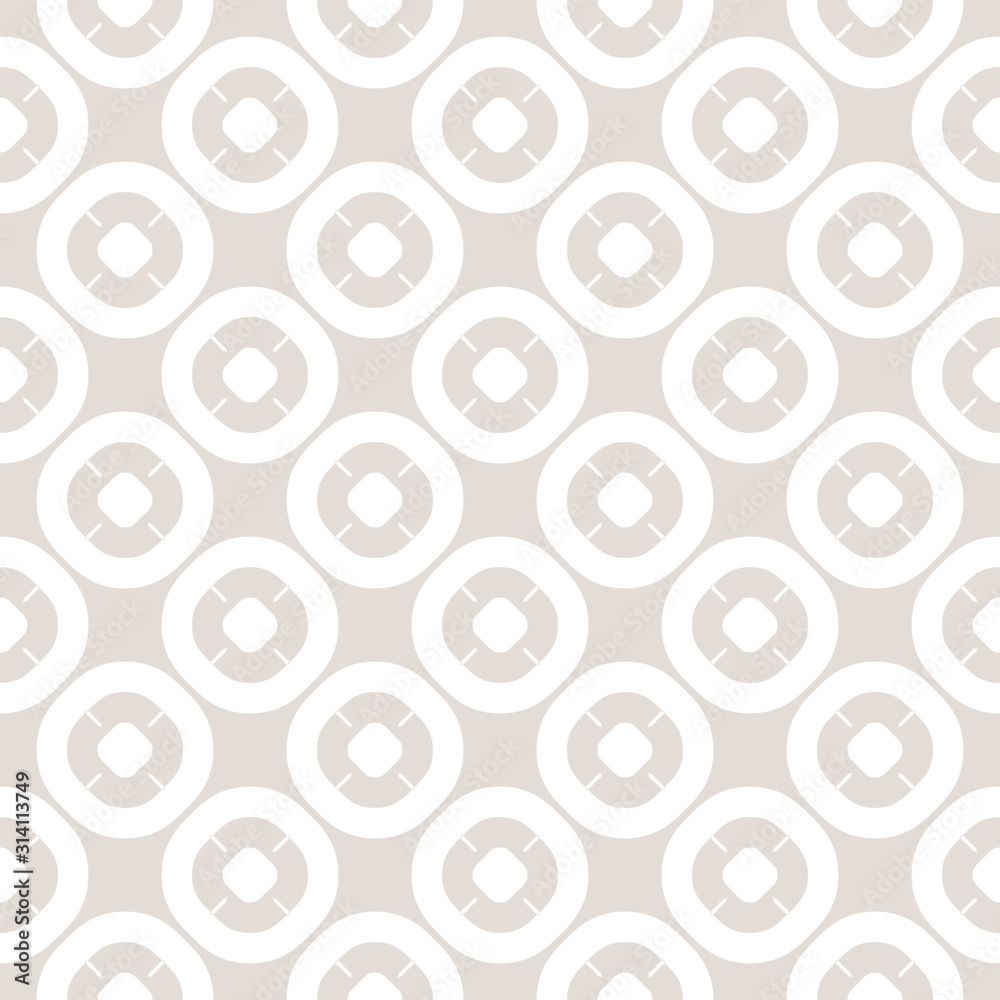 Funky style vector seamless pattern. Simple geometric texture with circles, rings, rounded grid. Subtle abstract background. Stylish minimalist beige and white repeat backdrop. Decorative design