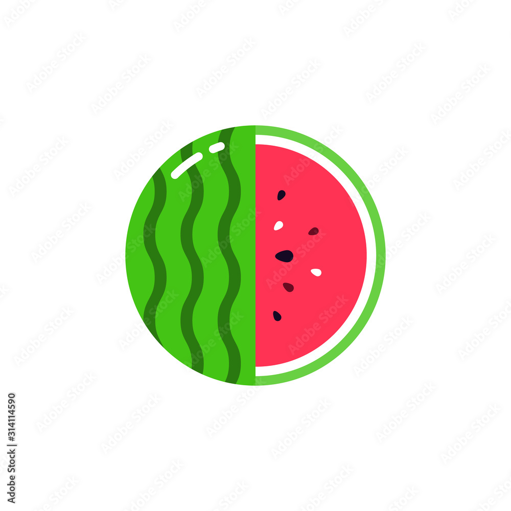 watermelon fruit sphere with half slice logo, flat icon design template concept isolated on white background watermelon fruit sphere with half slice logo, flat icon design template concept isolated on white background