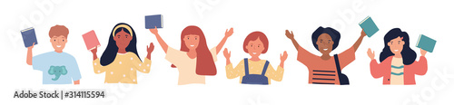 Large set of multi-ethnic joyful school children of different racial backgrounds cheering and waving books isolated on white, colored cartoon vector illustration