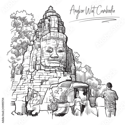 Buddha Temple in Angkor Wat, Cambodia. Engraving style sketch. Vintage design. Travel sketchbook drawing. EPS10 vector