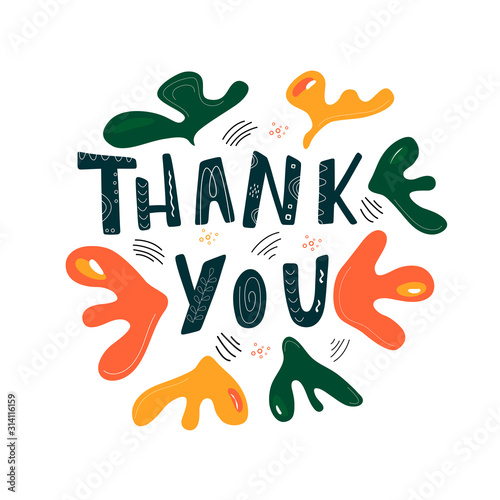 11. THANK YOU hand drawn vector lettering isolated on white background. Modern flat orange green color illustration. Perfect for card, icon, logo, t-shirt, banner