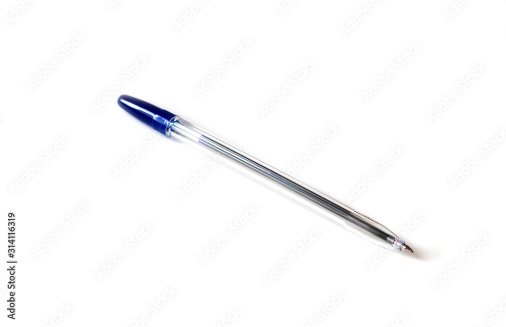 transparent ballpoint pen with blue cap on white background transparent ballpoint pen with blue cap on white background
