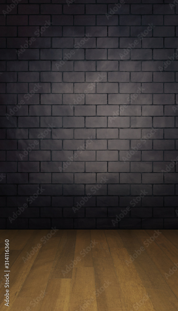 Brick wall backdrop with wooden planks floor in a portrait mode to use with your product or model photoshoot. 