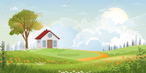 Cartoon vector Spring landscape with mountain  .blue sky and cloud Panorama Green fields  farmhouse on sunny day summer Peaceful nature in springtime with grass land and wild flowers in countryside Uk