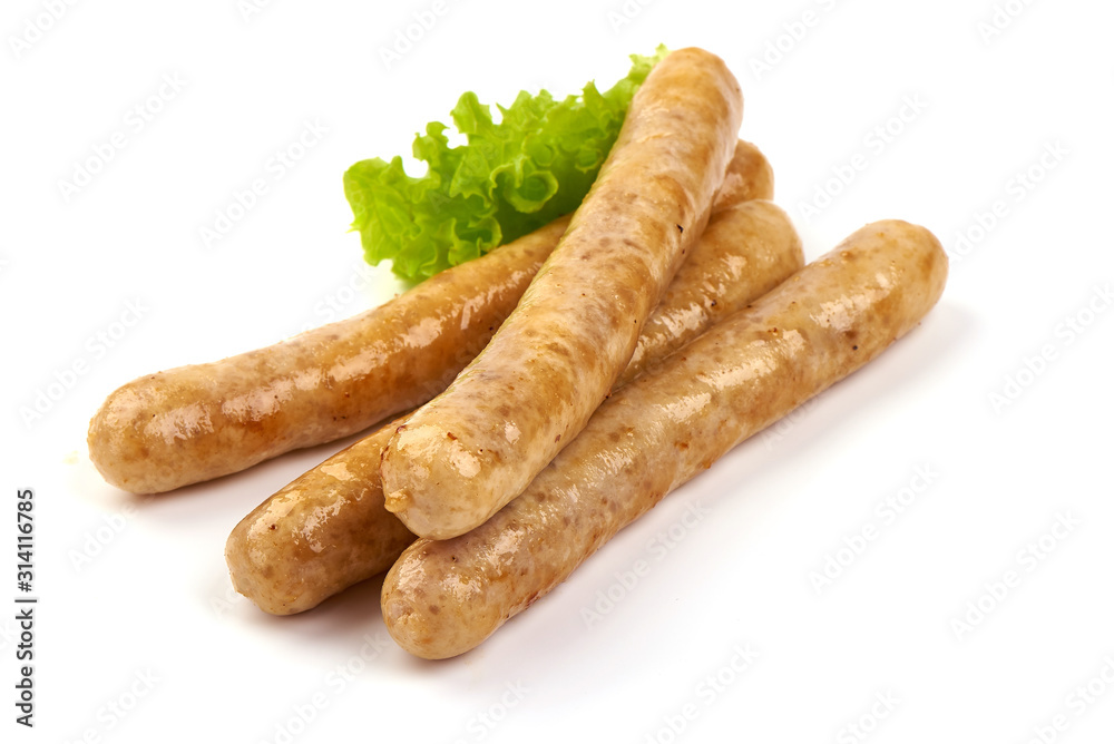 Grilled barbecue chicken sausages, isolated on white background Grilled barbecue chicken sausages, isolated on white background