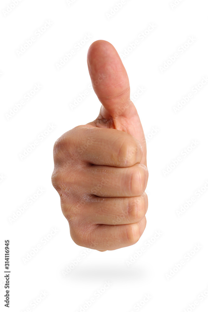 Male arm showing OK or confirm sign with thumb up closeup isolated on white background. High level and quality adviser offer and happy client Male arm showing OK or confirm sign with thumb up closeup isolated on white background. High level and quality adviser offer and happy client
