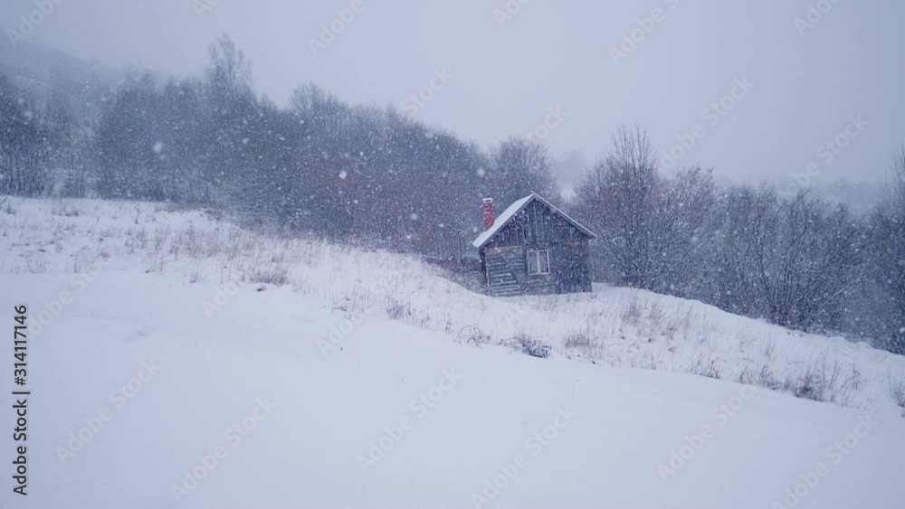 snow falling in slow motion in the mountains in winter, seasonal landscape with a wooden house and forest in a snowstorm, snow flakes falling snow falling in slow motion in the mountains in winter, seasonal landscape with a wooden house and forest in a snowstorm, snow flakes falling