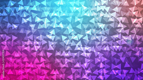 Abstract triangle pattern. Triangular shapes on gradient background. Blue, pink violet gradient. Futuristic sci-fi look. Poster, cover, banner, wallpaper, print template. Stock vector illustration