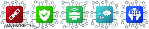 Set of printer, bubble, shield and globe icons for webdesign and mobile applications, cpu, chip concept vector illustration