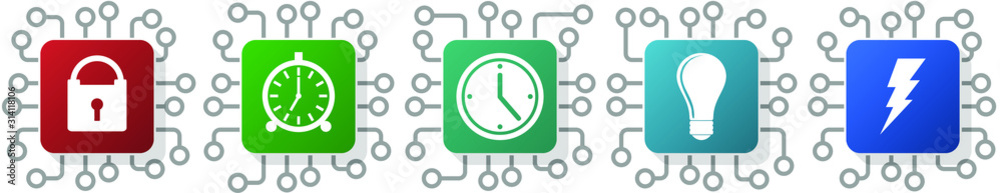 Set of time, clock, padlock, power icons for webdesign and mobile applications, cpu, chip concept vector illustration Set of time, clock, padlock, power icons for webdesign and mobile applications, cpu, chip concept vector illustration