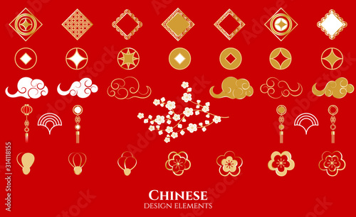 Set of decorative Chinese elements. Golden clouds, flowers and sakura on red background. Vector illustration
