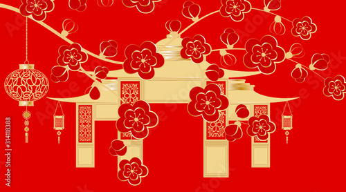 Happy chinese new year. Architecture and sakura branch and lanterns. Red and golden asian elements in craft style on red background. Vector illustration