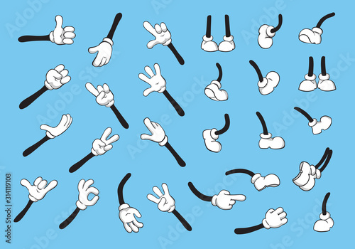 Cartoon legs and hands collection. Cute Leg in boots and gloved hand, comic feet in sneakers. Palms in gloves. Shoes different poses vector illustration symbols set