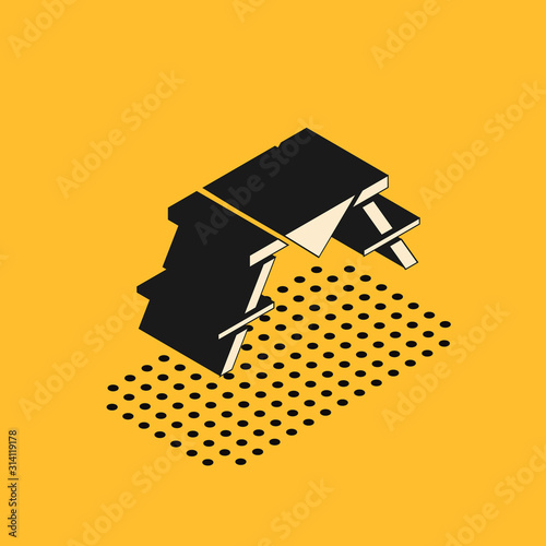 Isometric Picnic table with benches on either side of the table icon isolated on yellow background. Vector Illustration