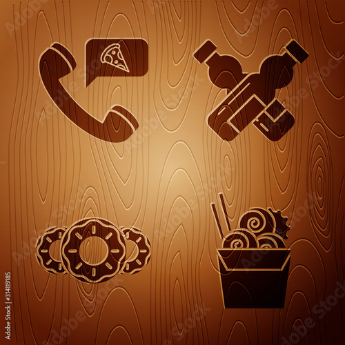 Set Asian noodles in paper box and chopsticks, Food ordering pizza, Donut with sweet glaze and Crossed bottle of water on wooden background. Vector