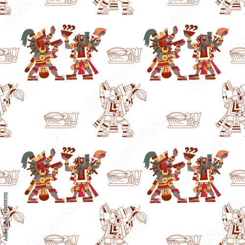 Aztec cacao seamless pattern design. Line art style. Vector illustration.