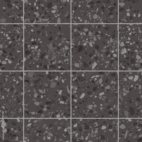 Black granite terrazzo flooring texture with square tiles. Vector seamless pattern of mosaic floor surface with natural stones, granite, marble, concrete. Realistic background in dark grey colors