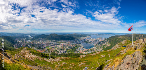 Aerial view to the Norwegian city of Bergen from Mount Ulriken in summer photo