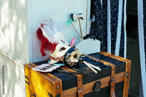 props on table for photo booth at wedding