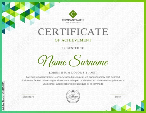 Green Certificate of Appreciation template.Trendy geometric design. Layered eps10 vector.