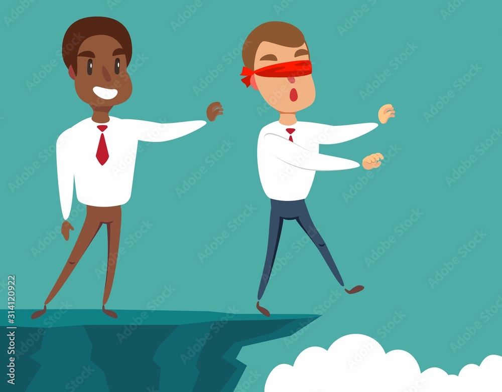 Business man pushing his competitor off the cliff. Concept of competition, sabotage and danger of the corporate business world. Vector cartoon illustration. Business man pushing his competitor off the cliff. Concept of competition, sabotage and danger of the corporate business world. Vector cartoon illustration.