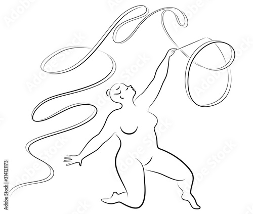 Basic RGBGymnastics. Silhouette of a girl with a ribbon. The woman is overweight, a large body. The girl is full figured. Vector illustration.