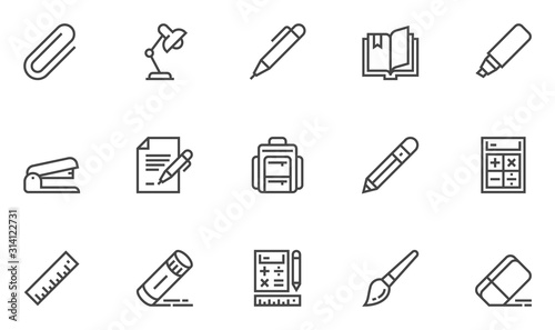 School Supplies Vector Line Icons Set. Paper Clamp, Pencil, Document, Stapler, Schoolbag. Editable Stroke. 48x48 Pixel Perfect.