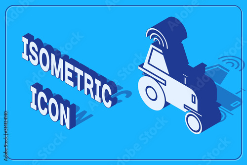 Isometric Self driving wireless tractor on a smart farm icon isolated on blue background. Smart agriculture implement element. Vector Illustration