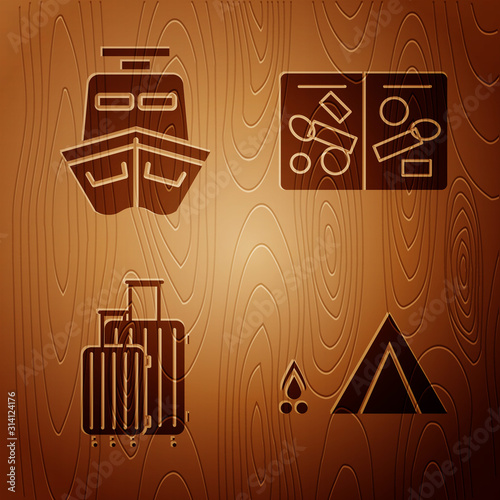 Set Tourist tent with wood fire, Ship, Suitcase for travel and Passport pages with visa stamps on wooden background. Vector