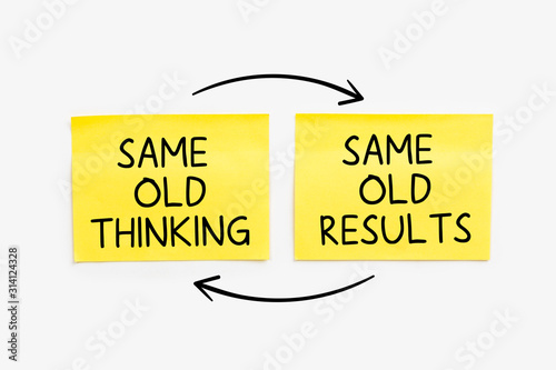 Same Old Thinking, Same Old Results , written on yellow notes paper