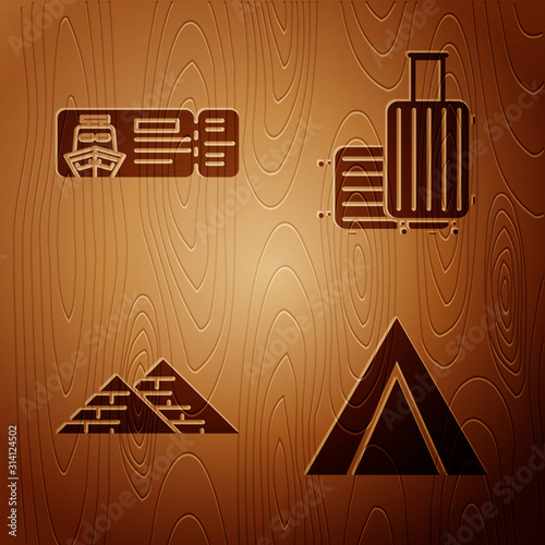 Set Tourist tent, Cruise ticket for traveling by ship, Egypt pyramids and Suitcase for travel on wooden background. Vector