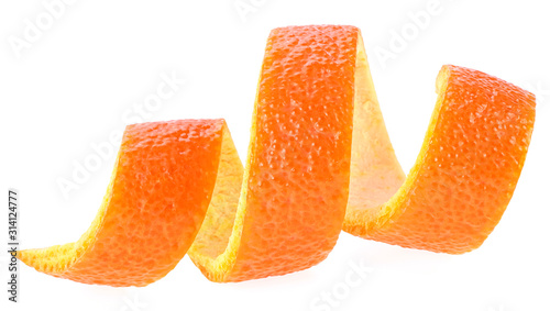 Orange zest spiral isolated on white background
