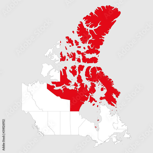 Nunavut highlighted on canada map. Gray background. Canadian political map.