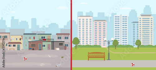 Old ruined houses and modern city. Contrast of modern buildings and poor slums. Flat style vector illustration. 