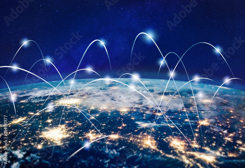 Global communication technology and telecommunication financial network around planet Earth. Blockchain and cryptocurrency concept with copyspace. IOT and 5G concepts. Elements of this photo furnished photo