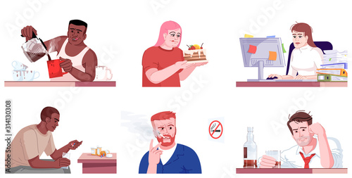 Human addiction flat vector illustrations set. Caffeine, drugs, smoking, workaholism, alcoholism, binge eating. Men and women with unhealthy dependences isolated cartoon characters