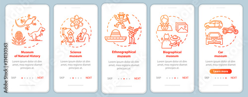 Exhibition and museum onboarding mobile app page screen vector template. Natural history. Walkthrough website steps with linear illustrations. UX, UI, GUI smartphone interface concept