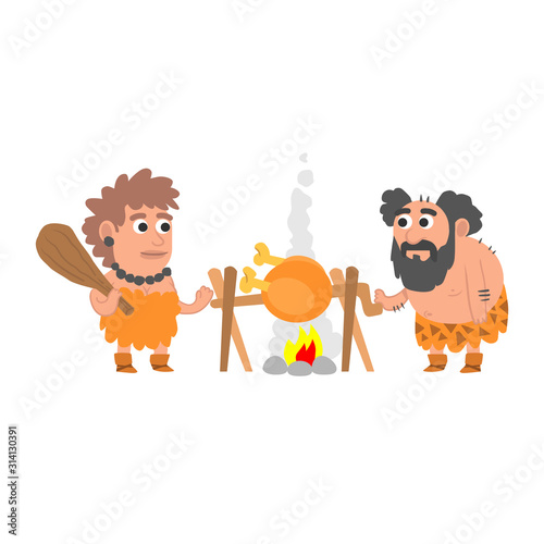 Primitive couple of troglodytes dressed in leather roasting a hunting piece in a campfire. Vector flat illustration.